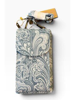 Large Cell Phone Holder & Wallet Crossbody Bag Blue Paisley Fabric NWT